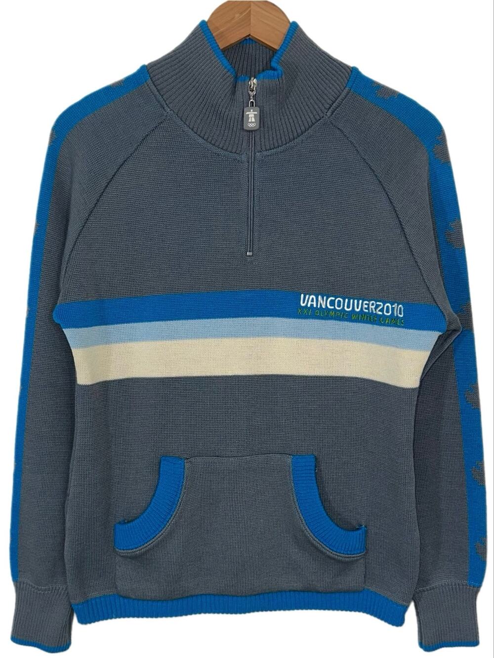 Winter Olympics XXI 2010 Vancouver Grey Blue Wool Blend Knit 1/4 Zip Pullover M